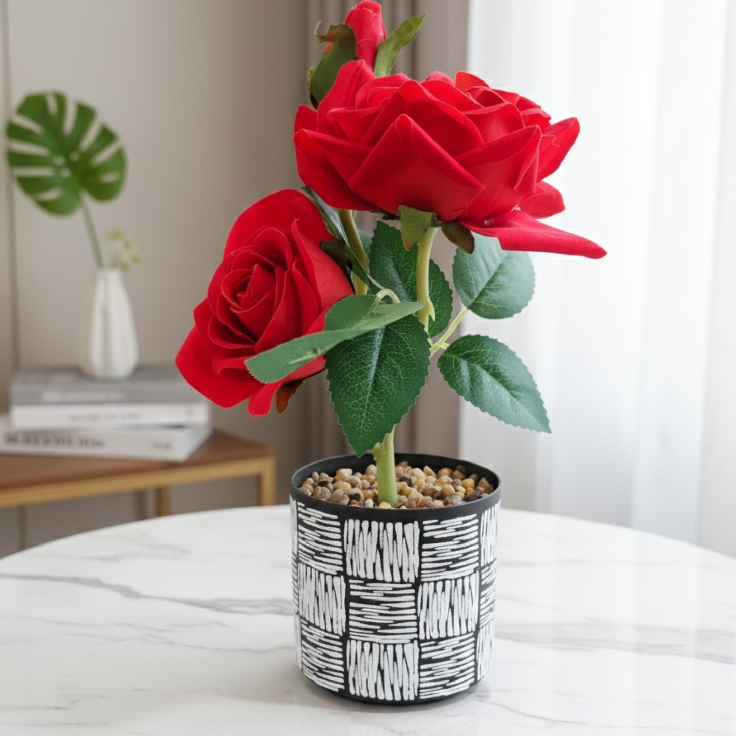 No-Maintenance Silk Rose Centerpiece in Graphic Print Ceramic Planter