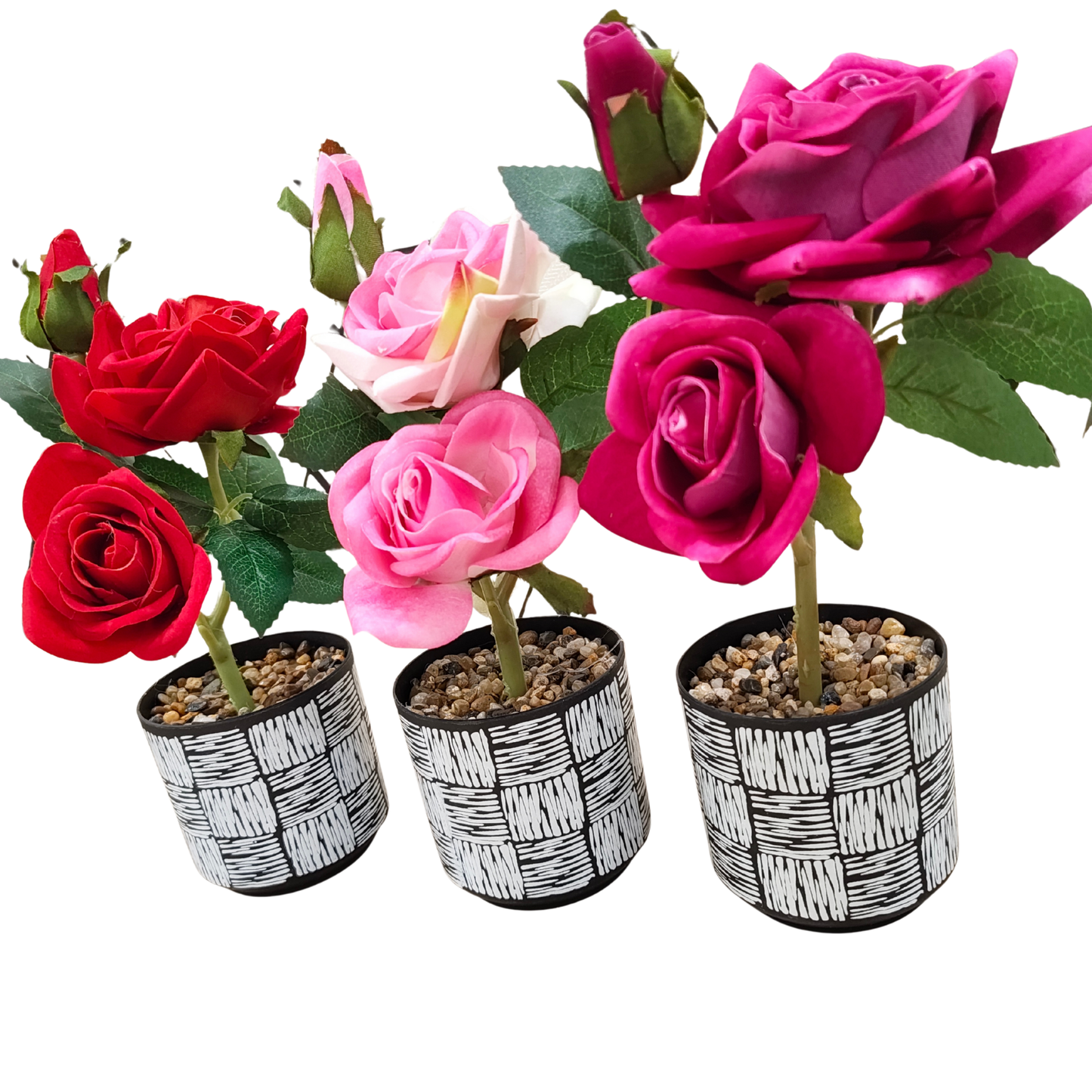 Silk Rose Plants in Modern Black & White Geometric Pots - Red, Pink & Magenta