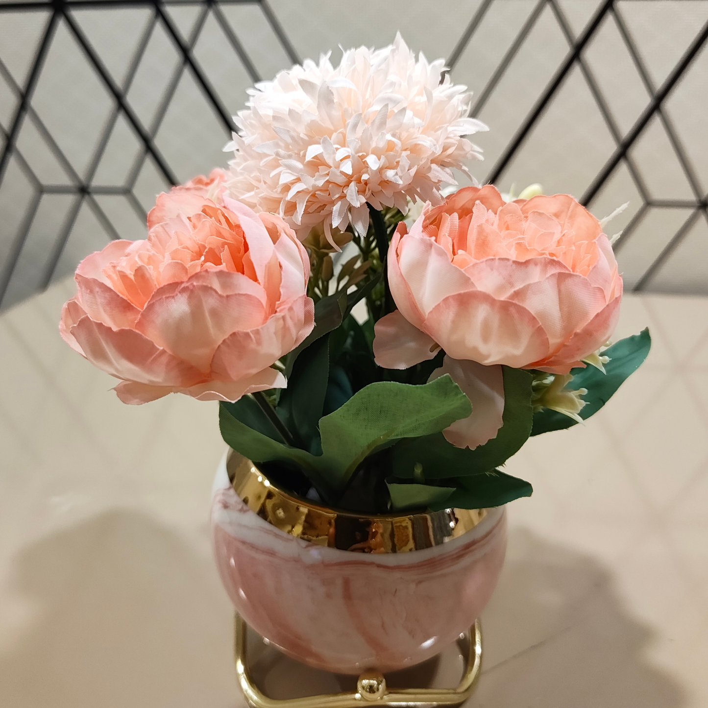 Radiant Ember 'Grandeur Bloom' Faux Floral Centrepiece: Architecturally Housed in a Modernist Sculptural Vase