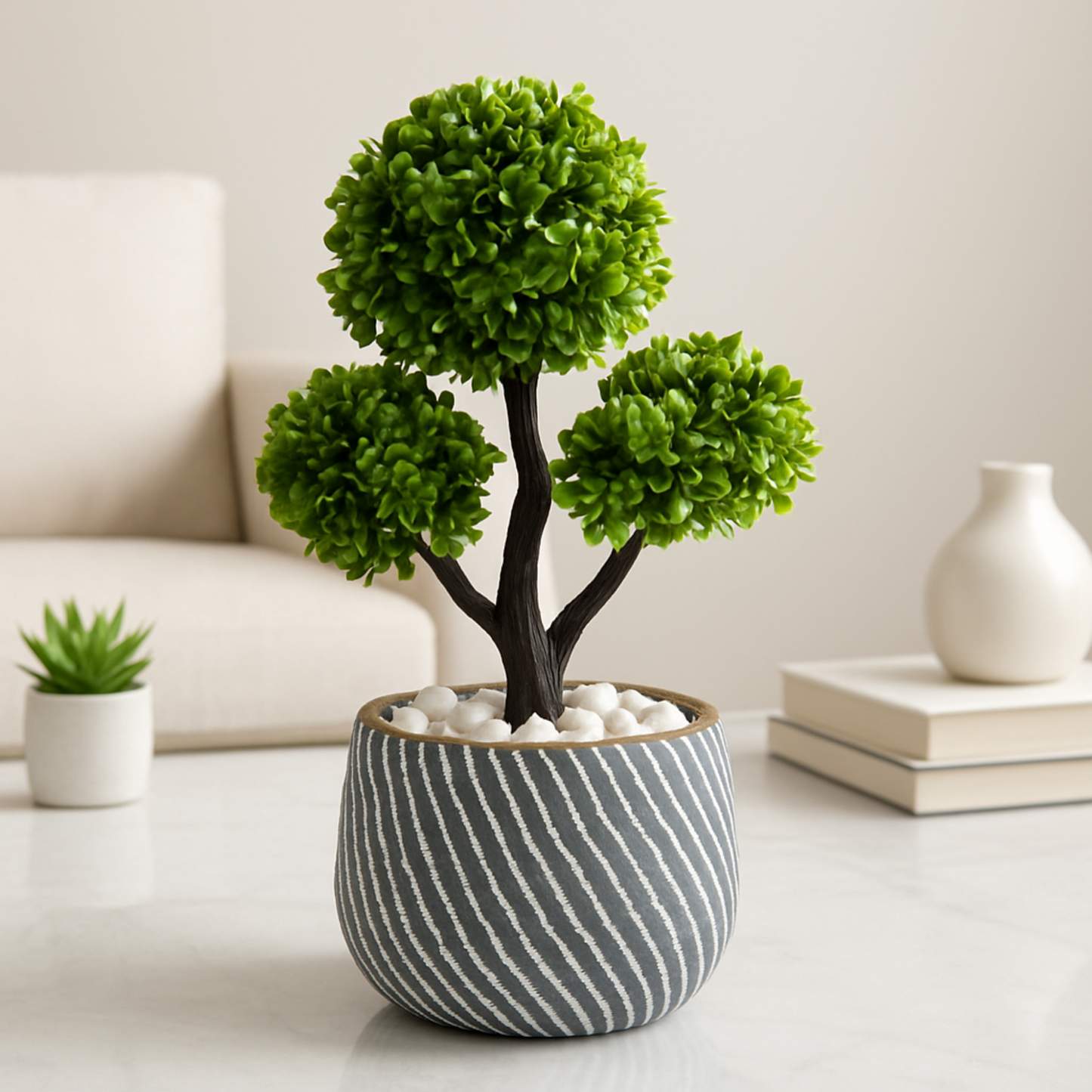 Architectural Faux Topiary Sculpture: Bespoke Zen Orb Design in a Striped Artisan Cachepot