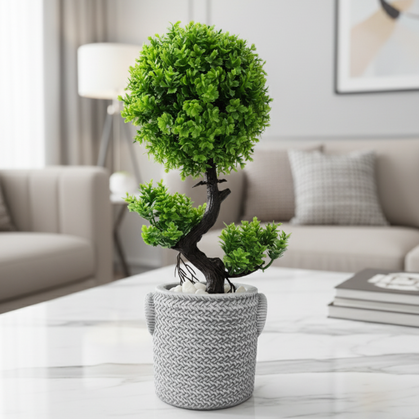 "Zen Serenity" Faux Tiered Topiary: Artisan Knit-Texture Cachepot with Perpetual Verdancy