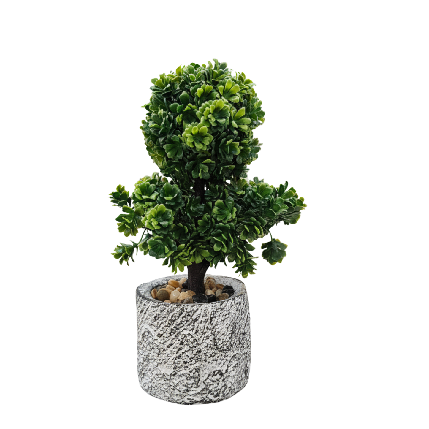 "Architectural Zen" Faux Tiered Topiary: Artisan Distressed Concrete Cachepot with Luxe River Stones
