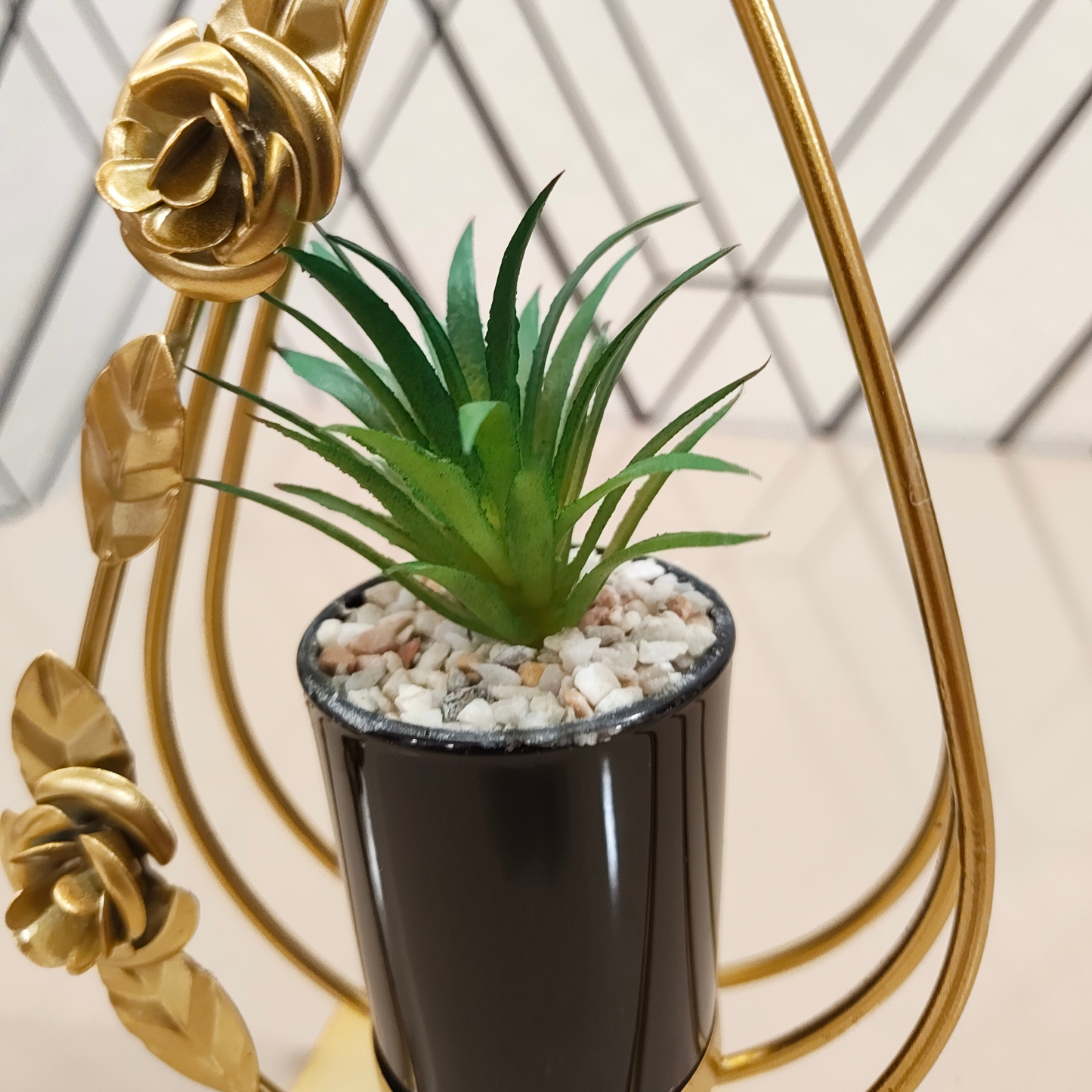 "Golden Bloom Arc" Architectural Planter Sculpture: Luxe Perpetual Succulent in a Modernist Onyx Vessel