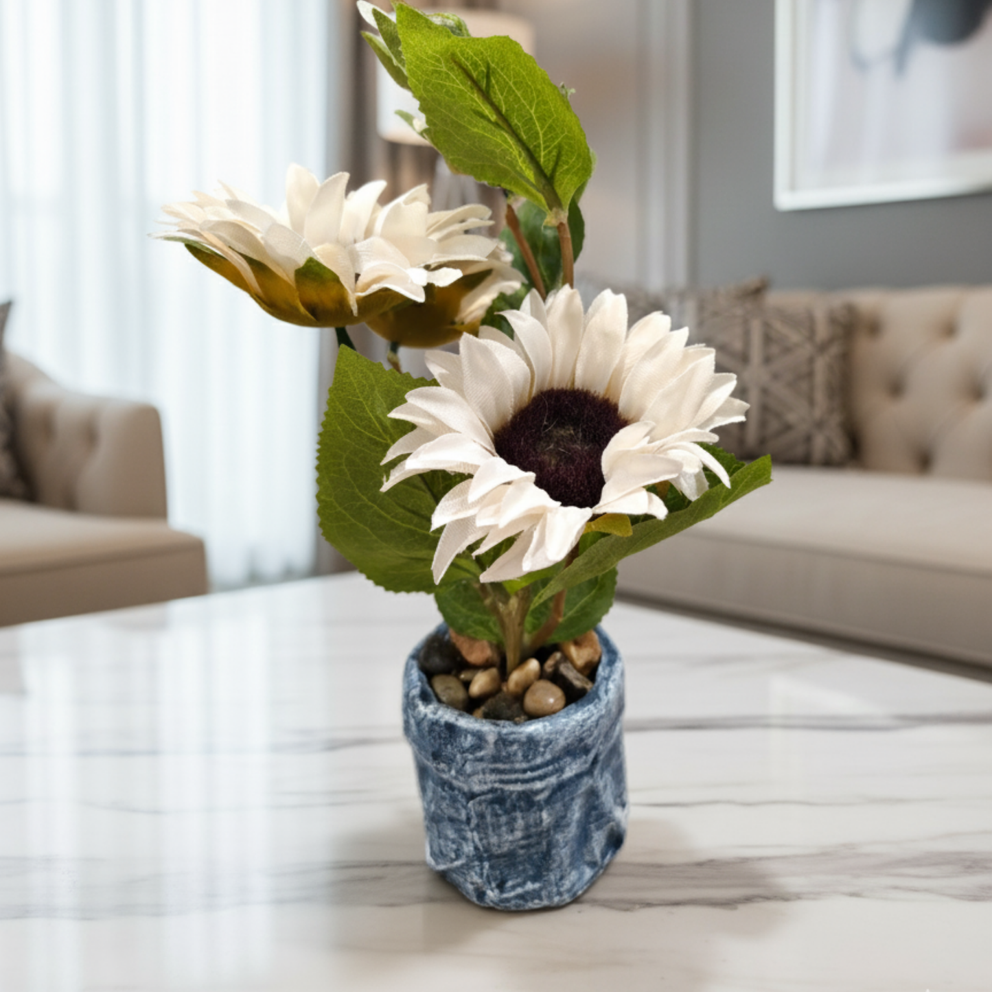 "Duet of Elysian Blooms" Luxe Faux Sunflower Set: Artisanal Distressed Denim Cachepots with Perpetual Contrast