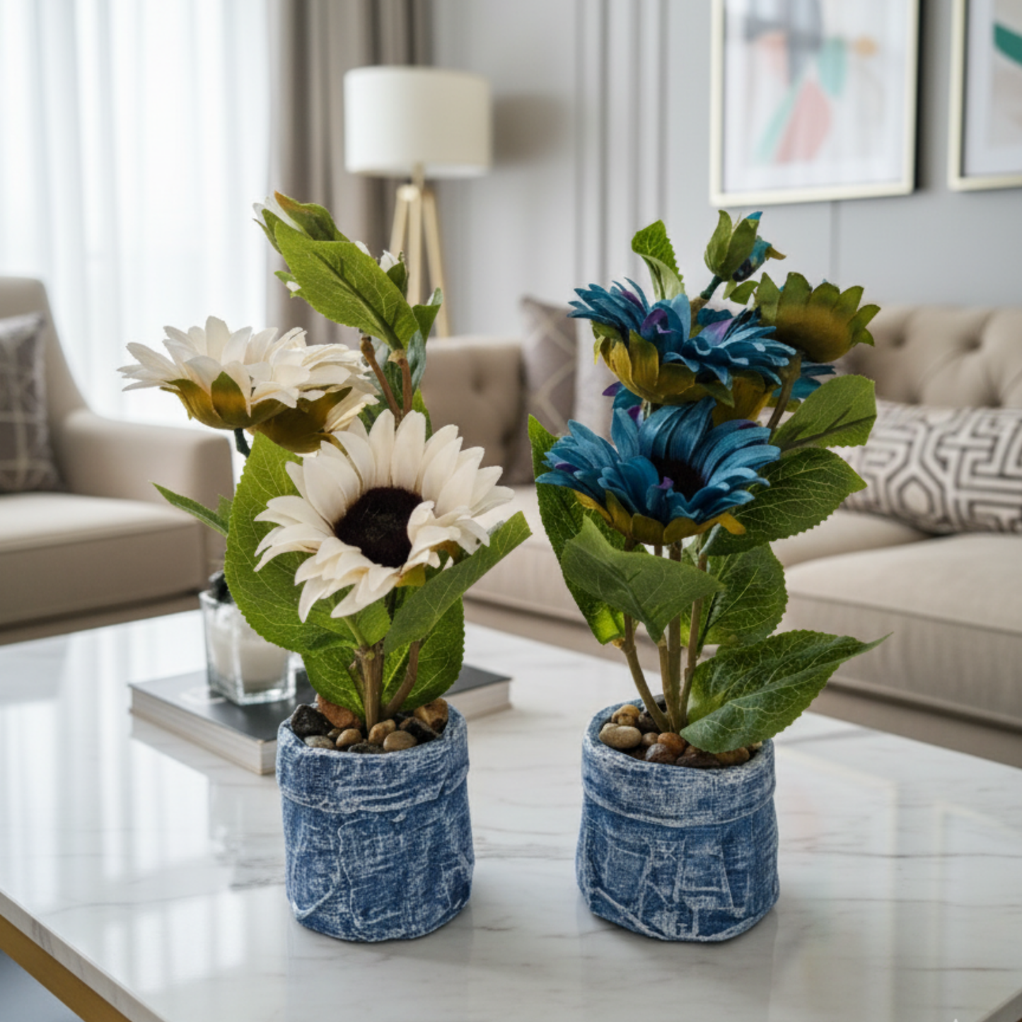 "Azure Dream" Luxe Faux Sunflower Arrangement: Artisanal Distressed Denim Cachepot with Perpetual Bloom