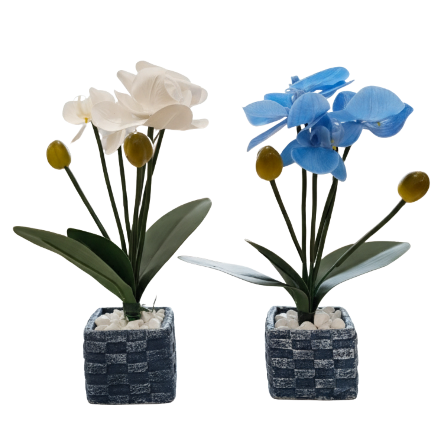 "Zen Orchid Elegance" Faux Phalaenopsis: Bespoke Chessboard-Textured Cachepot with Luxe White Stones