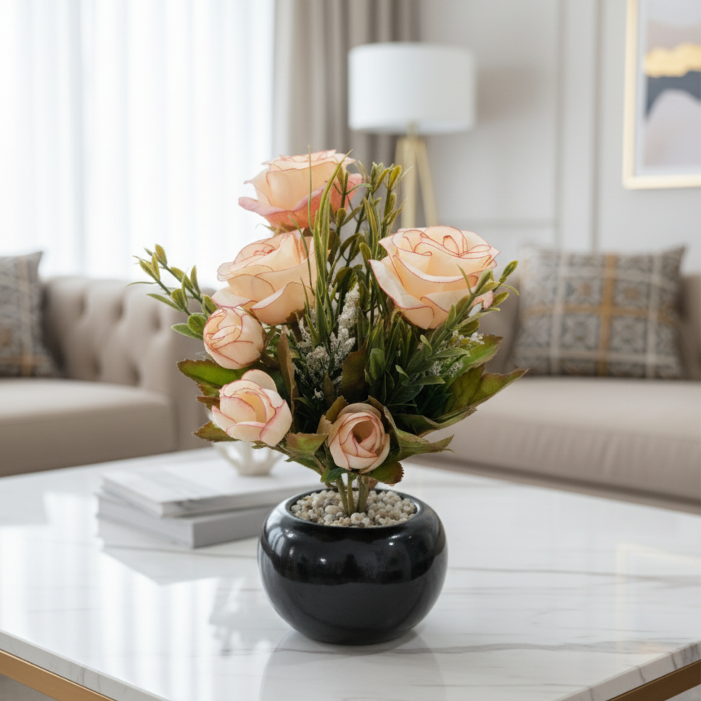 "Moonlit Petal" Luxe Rose & Berry Arrangement: Modernist Onyx Orb with Perpetual Silk Blooms