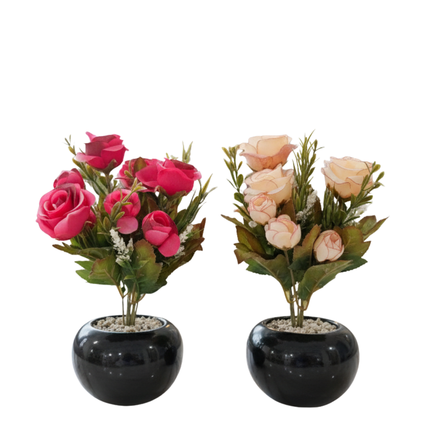 "Eternal Romance" Luxe Faux Rose Bouquet Duo: High-Gloss Obsidian Cachepots with Perpetual Contrast