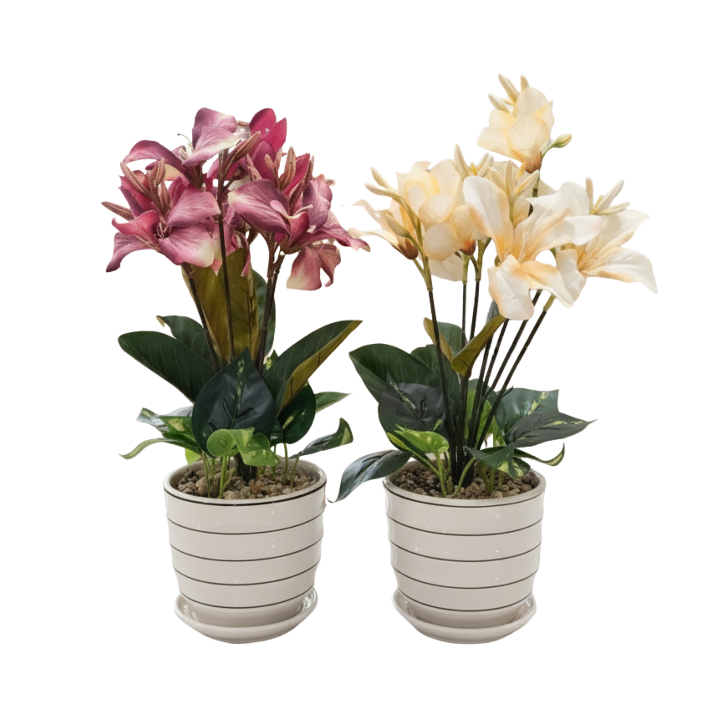 "Duet of Elysian Blooms" Luxe Faux Alstroemeria Pair: Modernist Striped Cachepots with Perpetual Verdancy