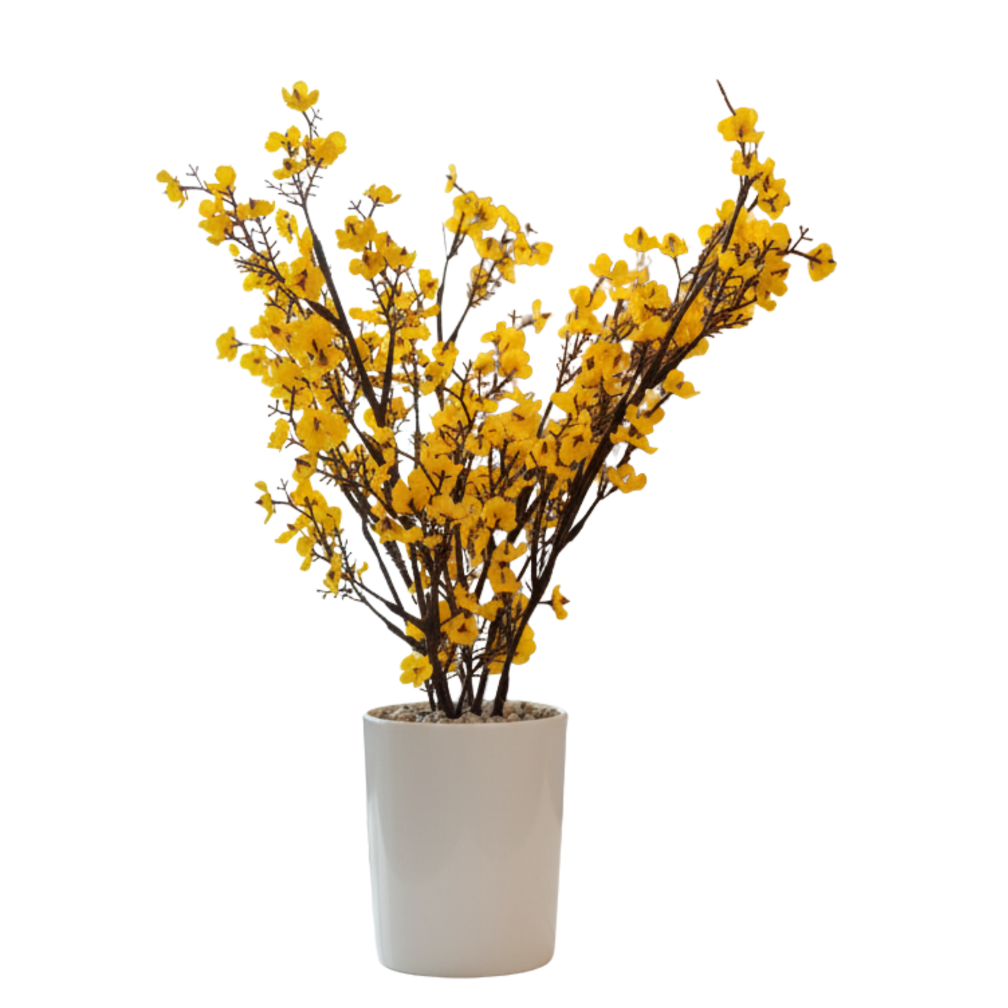 "Golden Cascade" Luxe Faux Forsythia: Modernist Pristine White Cachepot with Zen Stone Base