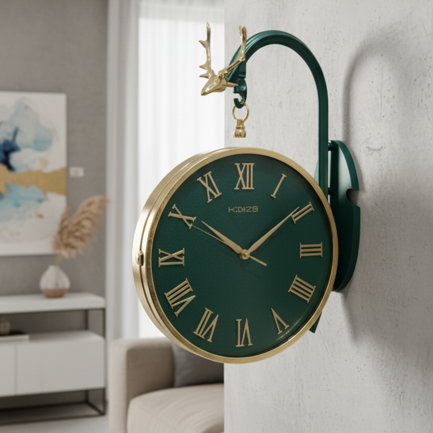 Emerald & Gold Double-Sided Deer Wall Clock - Premium Luxury Home Decor