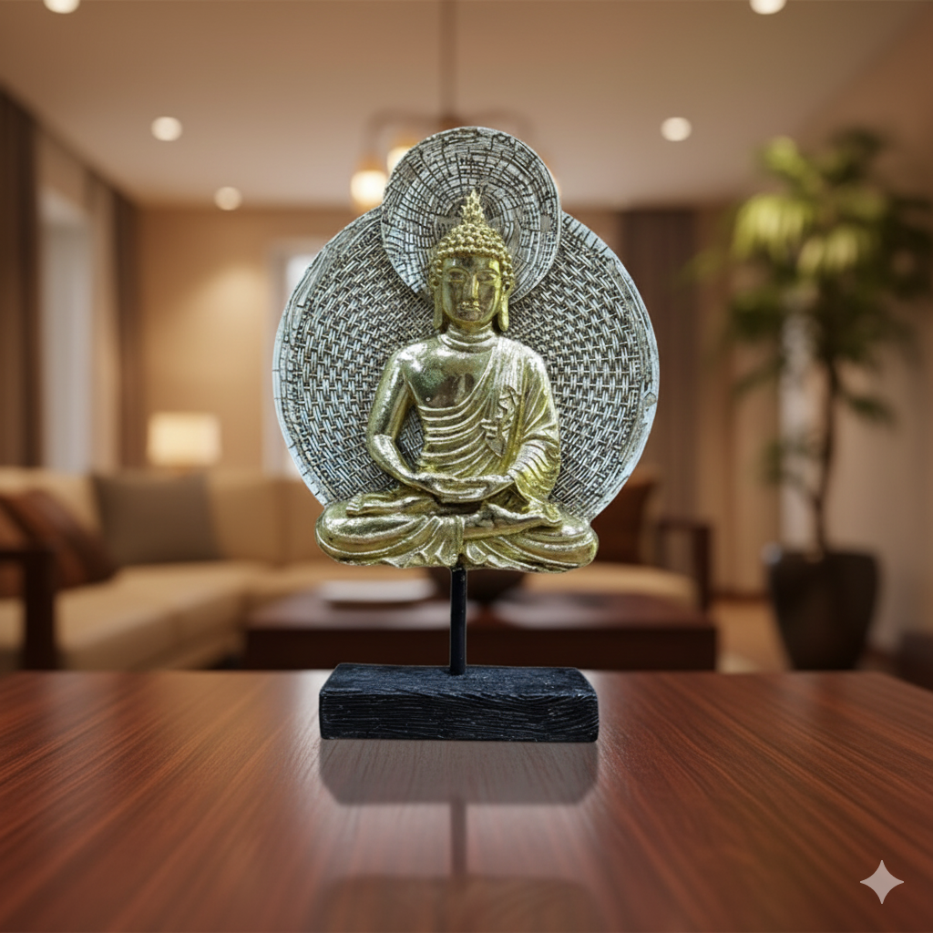 Gilded Serenity Buddha Sculpture on Stand