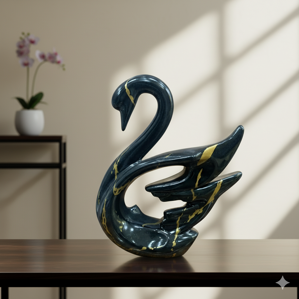 Abstract Onyx and Gold Swan Figurine
