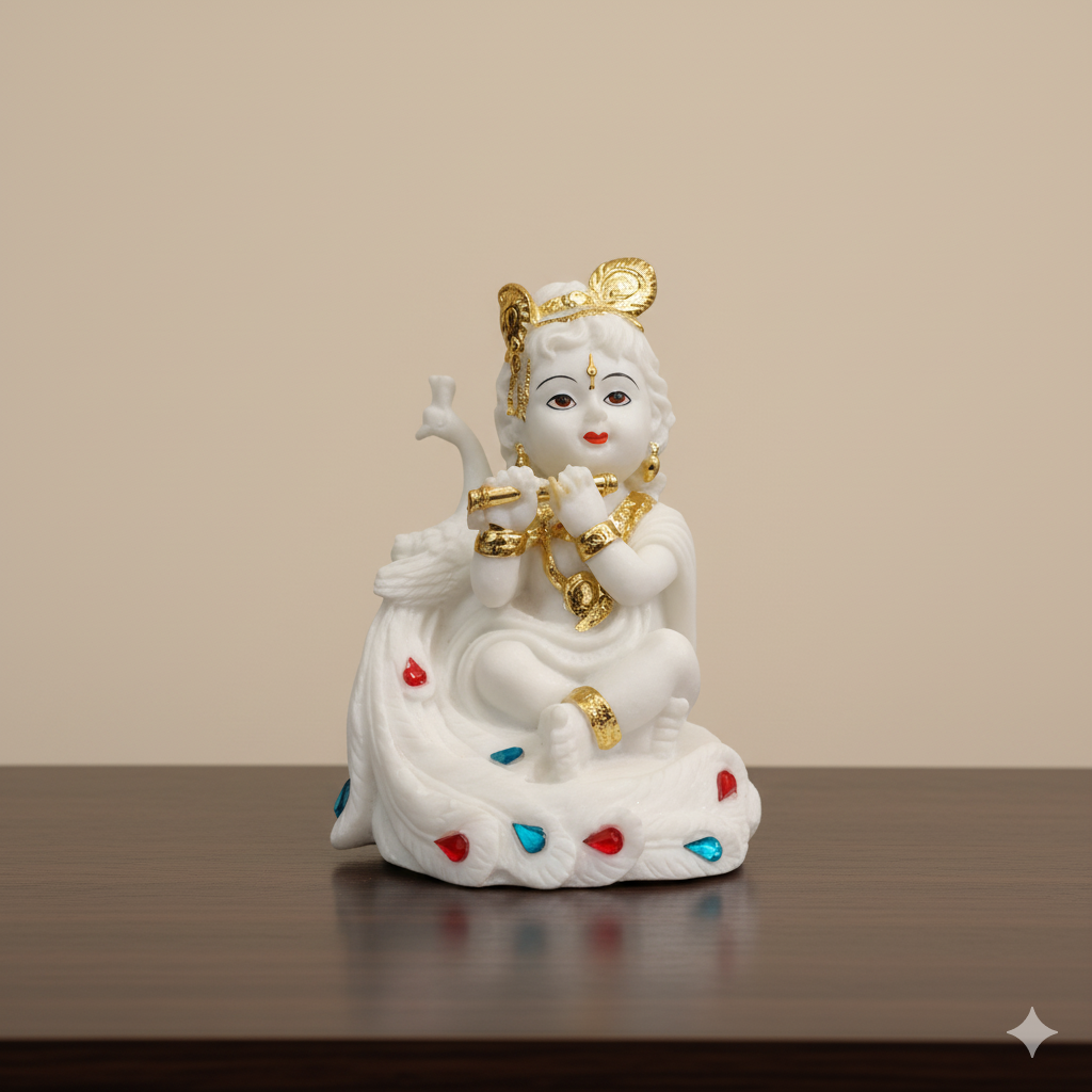 Gilded White Marble Krishna Idol Figure