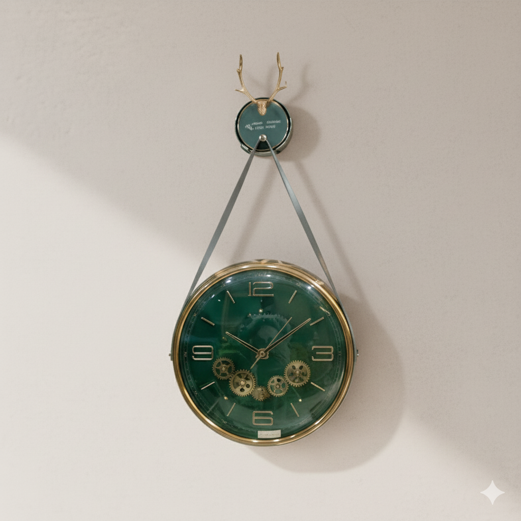 Emerald & Gilded Exposed Gear Wall Clock with Stag Hanger