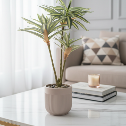 Realistic Artificial Striped Dracaena Plant in Fluted Ceramic Pot - Modern Faux Indoor Decor