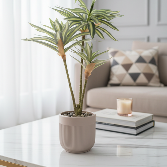 Realistic Artificial Striped Dracaena Plant in Fluted Ceramic Pot - Modern Faux Indoor Decor