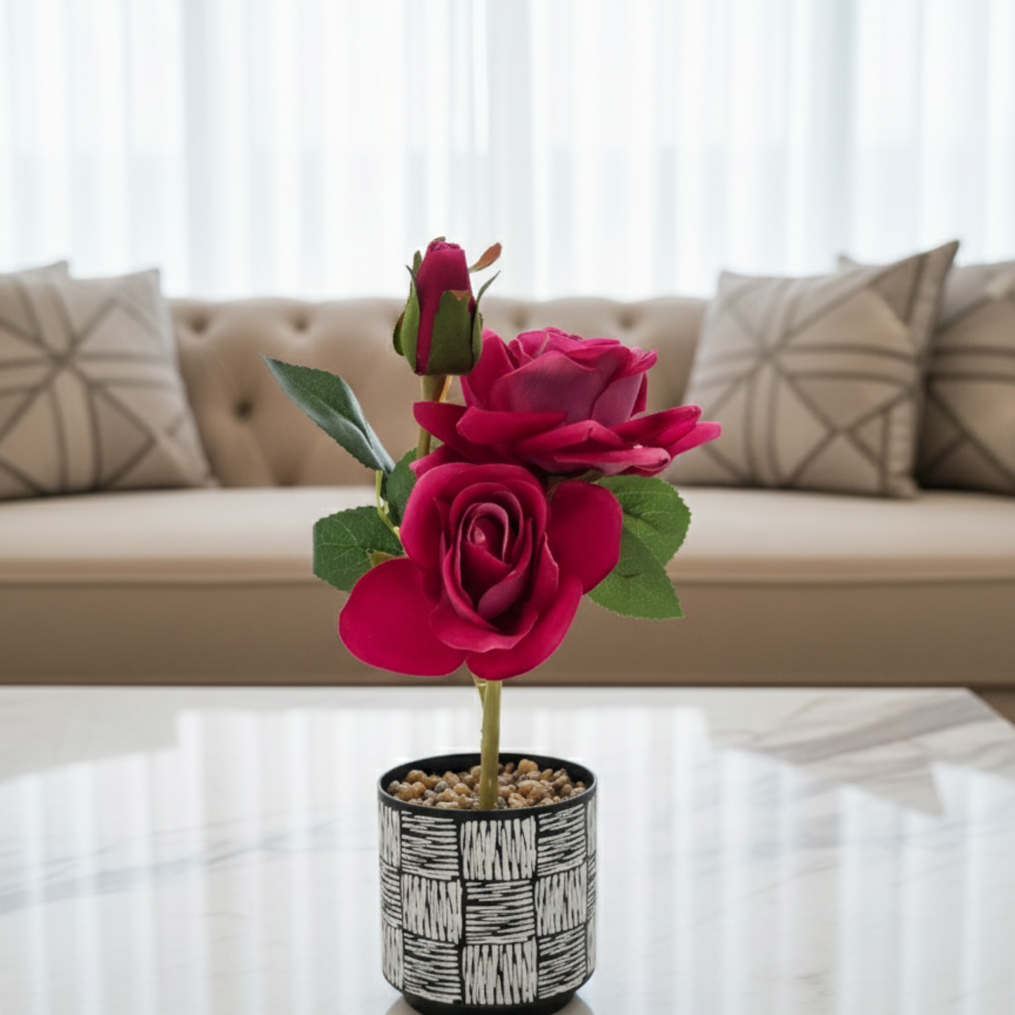 No-Maintenance Silk Rose Centerpiece in Graphic Print Ceramic Planter