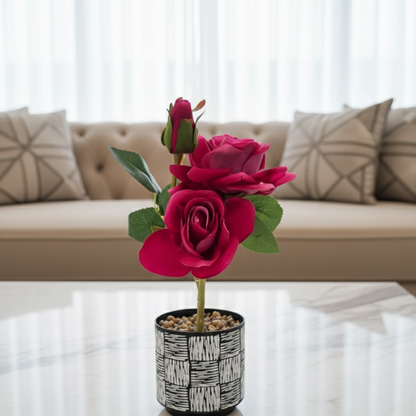 No-Maintenance Silk Rose Centerpiece in Graphic Print Ceramic Planter