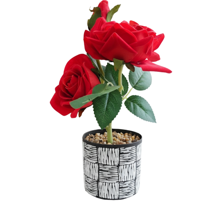No-Maintenance Silk Rose Centerpiece in Graphic Print Ceramic Planter