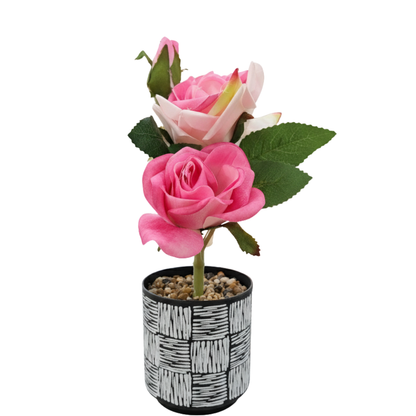 Blush & Hot Pink Silk Rose Accent in Graphic Print Mini Ceramic Planter