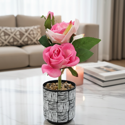 Blush & Hot Pink Silk Rose Accent in Graphic Print Mini Ceramic Planter