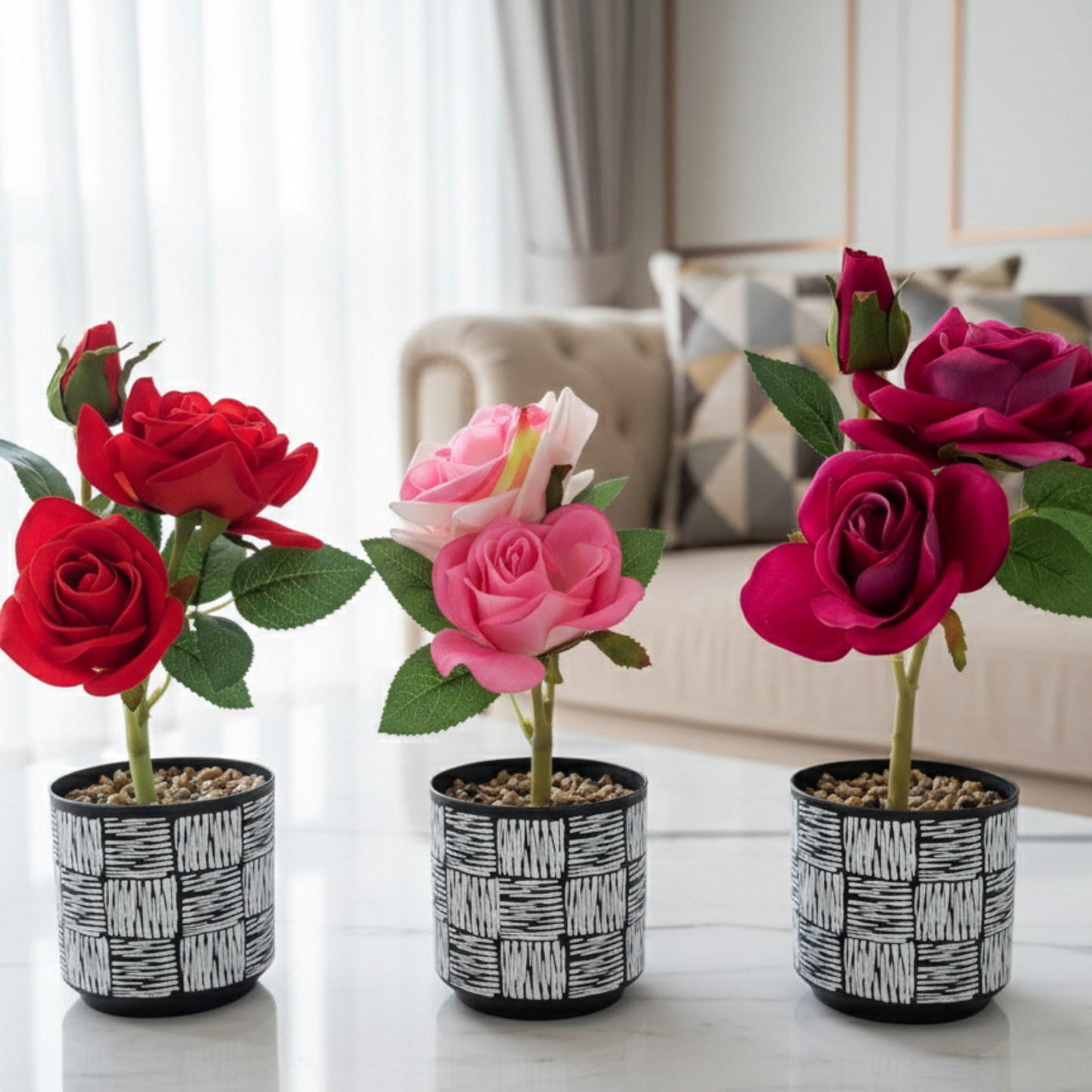 Blush & Hot Pink Silk Rose Accent in Graphic Print Mini Ceramic Planter
