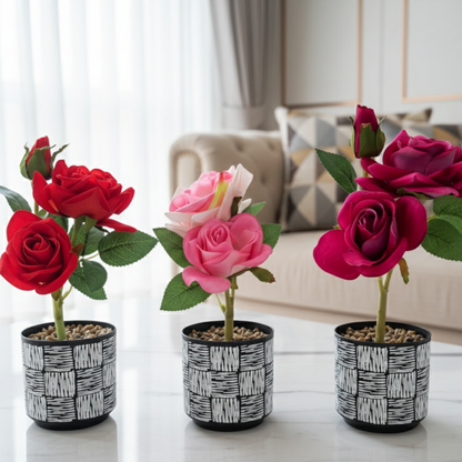 Silk Rose Plants in Modern Black & White Geometric Pots - Red, Pink & Magenta