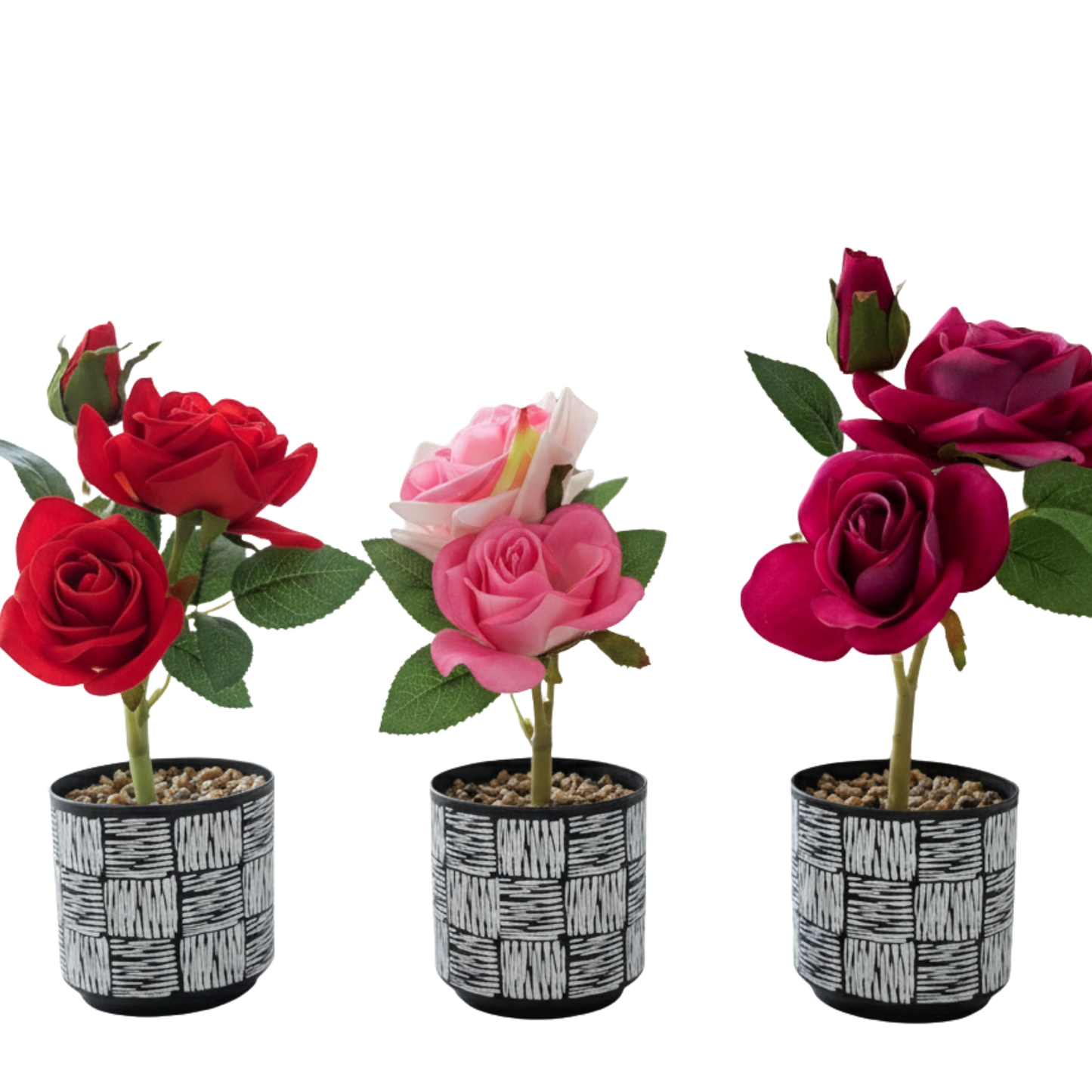 Silk Rose Plants in Modern Black & White Geometric Pots - Red, Pink & Magenta