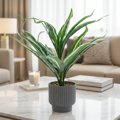 Realistic Variegated Dracaena Plant in Modern Fluted Gray Pot - No Maintenance Decor