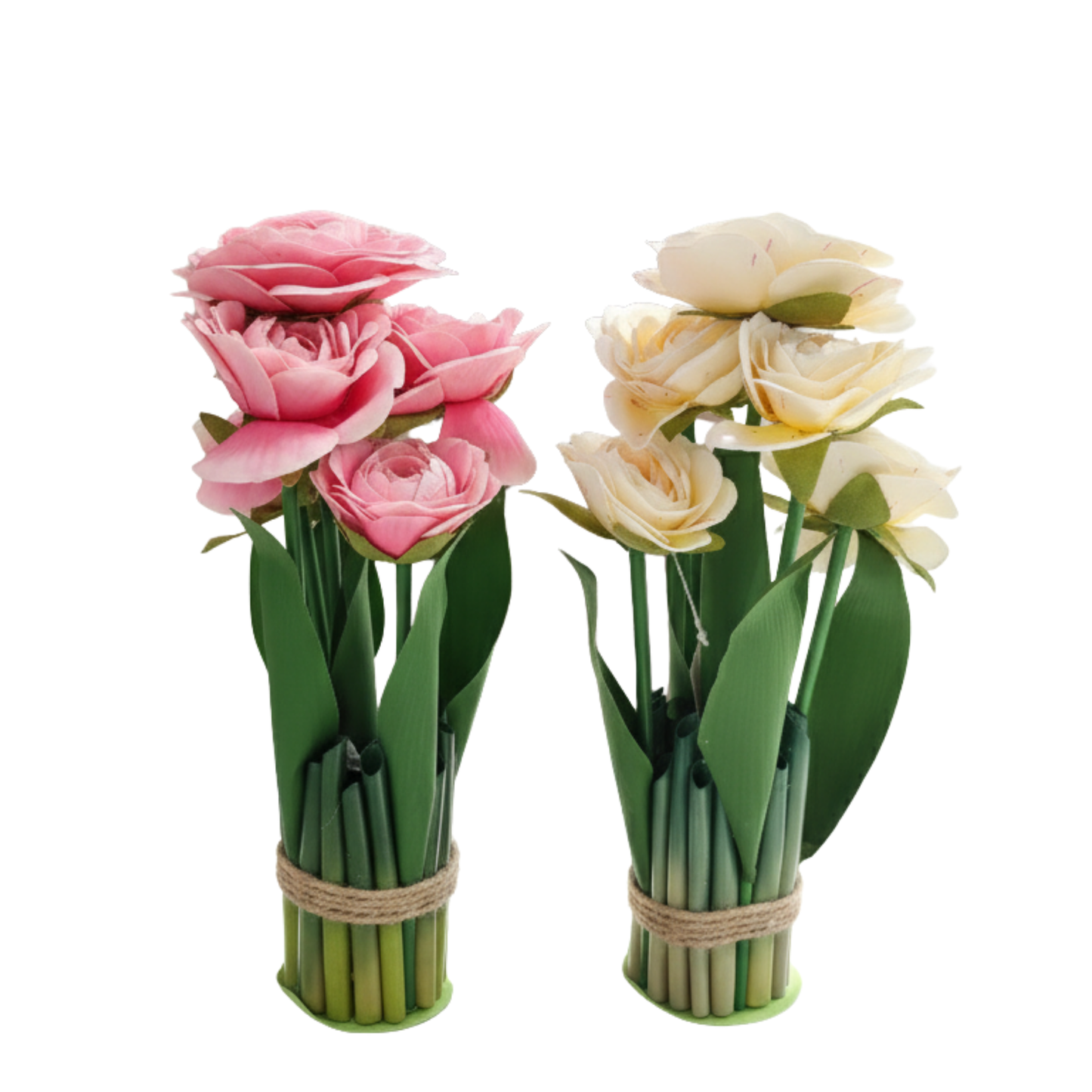 Pink & Cream with Rustic Twine Base- Set of 2 Faux Ranunculus/Rose Floral Bundles