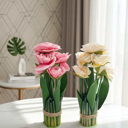 Pink & Cream with Rustic Twine Base- Set of 2 Faux Ranunculus/Rose Floral Bundles