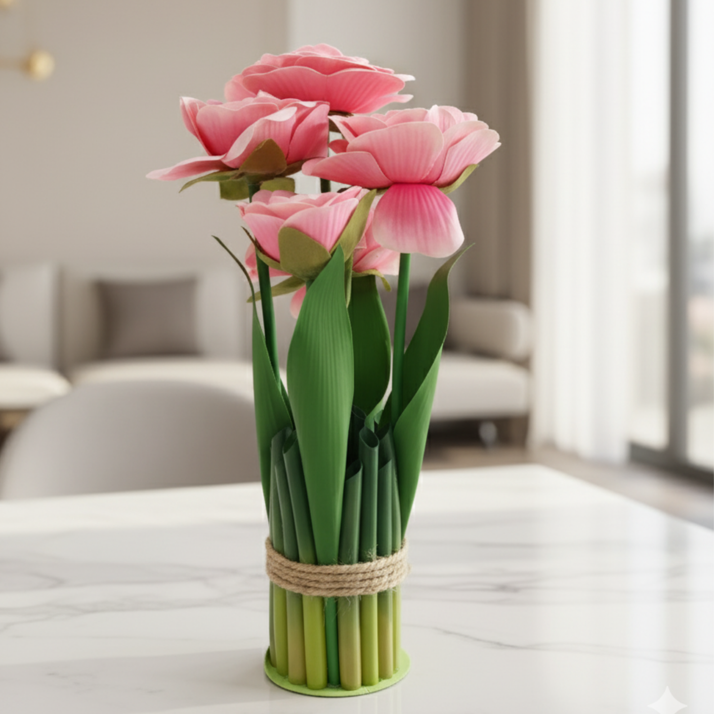 Pink & Cream with Rustic Twine Base- Set of 2 Faux Ranunculus/Rose Floral Bundles