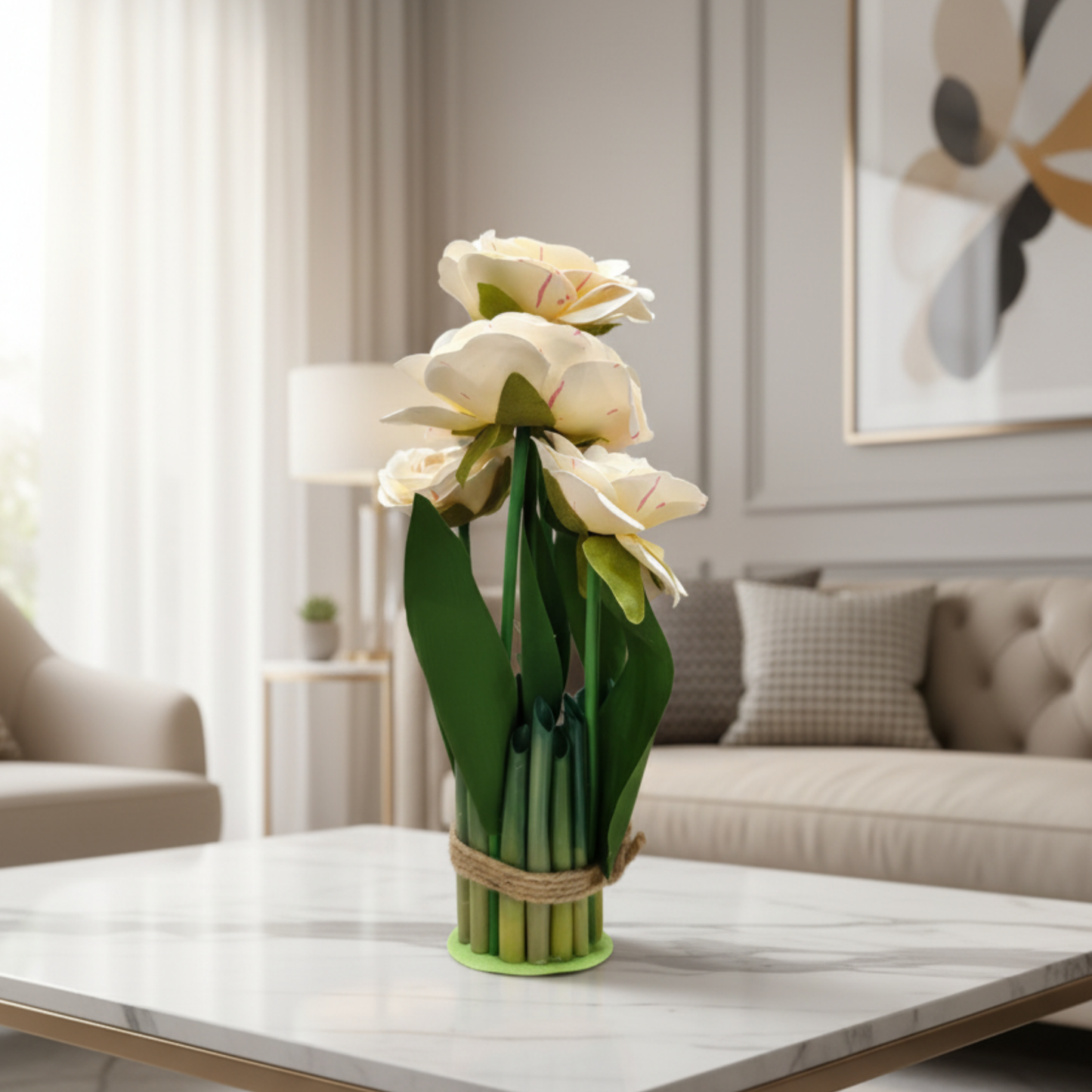 Pink & Cream with Rustic Twine Base- Set of 2 Faux Ranunculus/Rose Floral Bundles