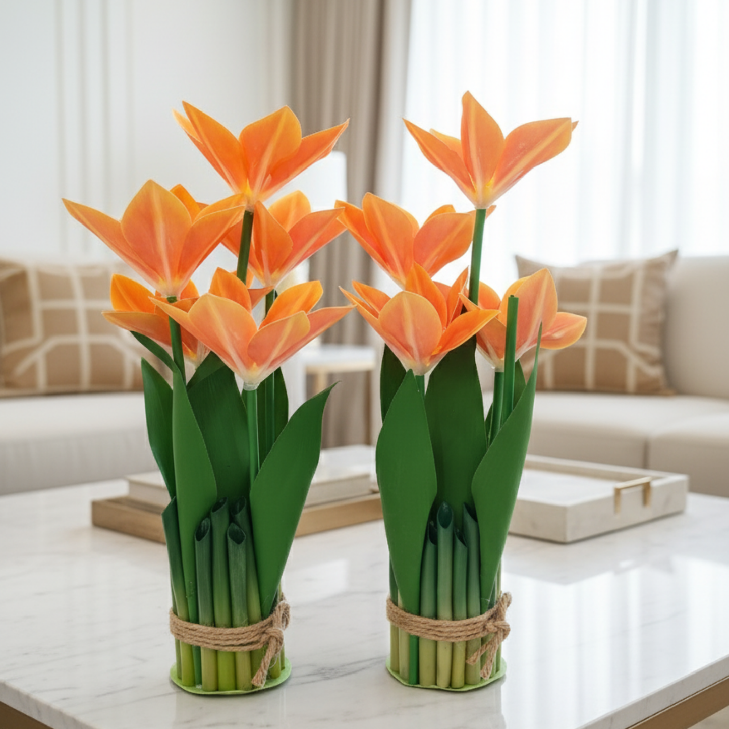 Exquisite Artisan Orange Tulip Arrangement: Handcrafted Silk & Sustainable Display