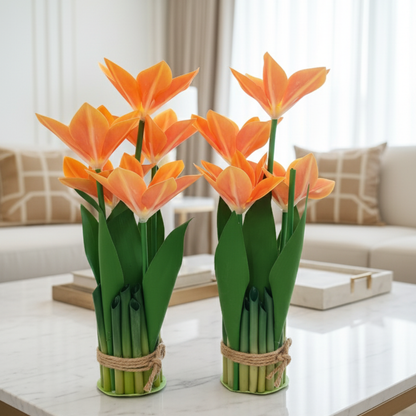 Exquisite Artisan Orange Tulip Arrangement: Handcrafted Silk & Sustainable Display
