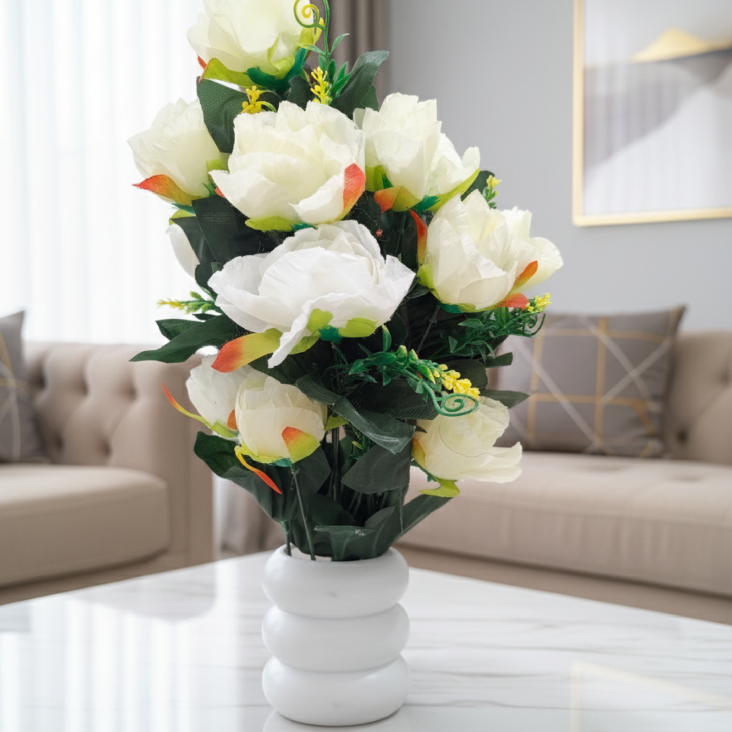 Opulent Ivory Peony & Berry Grand Arrangement: Housed in a Bespoke Sculptural Ceramic Vase