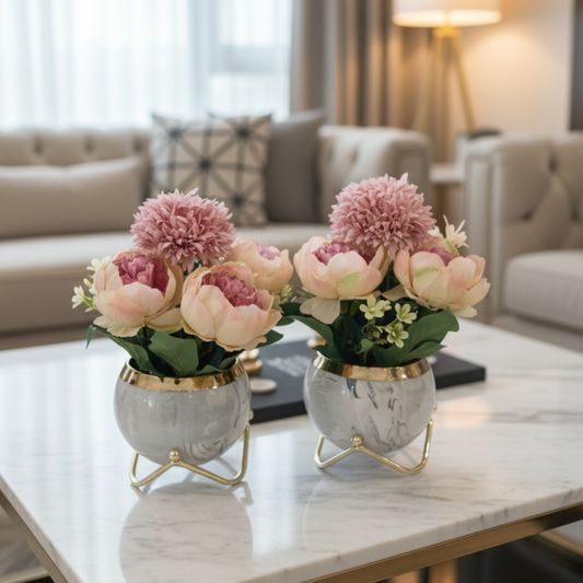 Radiant Ember 'Grandeur Bloom' Faux Floral Centrepiece: Architecturally Housed in a Modernist Sculptural Vase