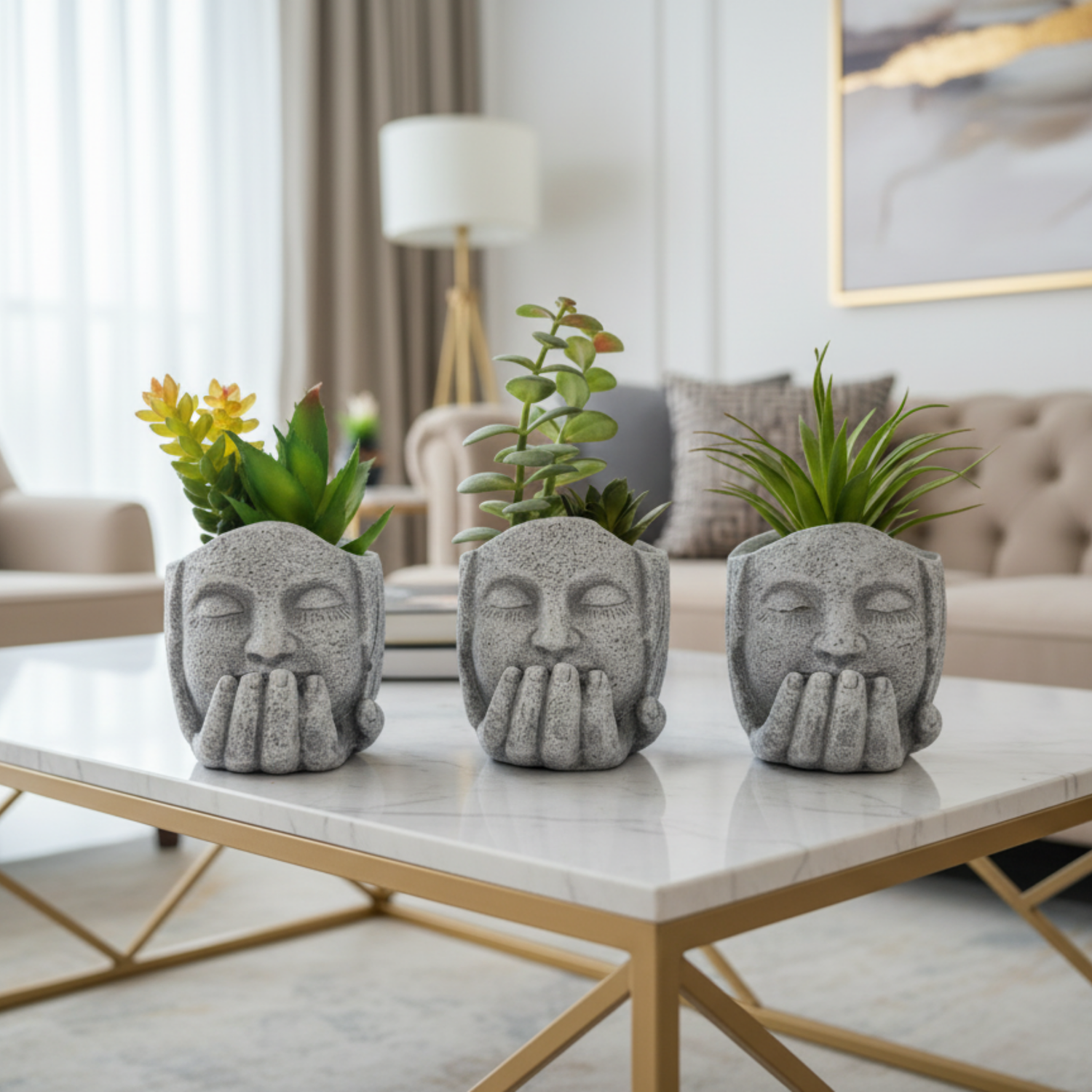 "Silent Wisdom" Artisanal Planter Trio: Hand-Cast Zen Sculptural Vessels with Luxe Perpetual Succulents
