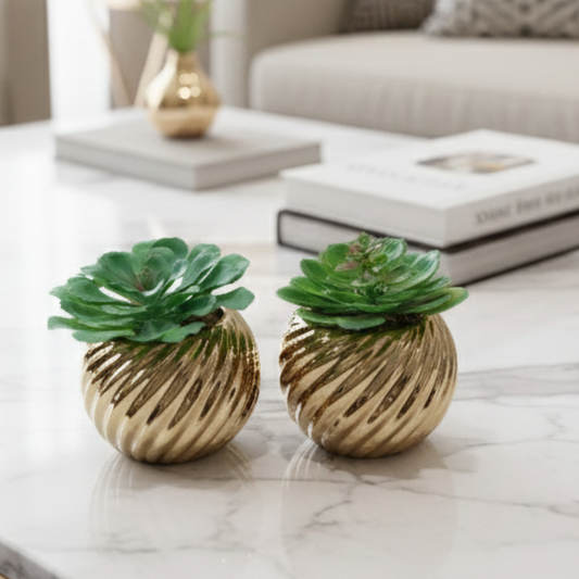 Gilded Helix Succulent Duo: Bespoke Perpetual Botanicals in Sculptural Modernist Cachepots