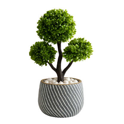 Architectural Faux Topiary Sculpture: Bespoke Zen Orb Design in a Striped Artisan Cachepot