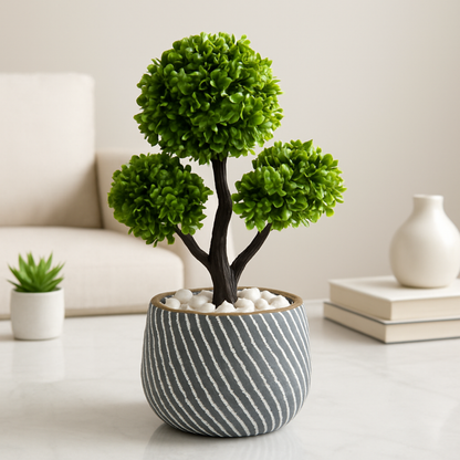 Architectural Faux Topiary Sculpture: Bespoke Zen Orb Design in a Striped Artisan Cachepot