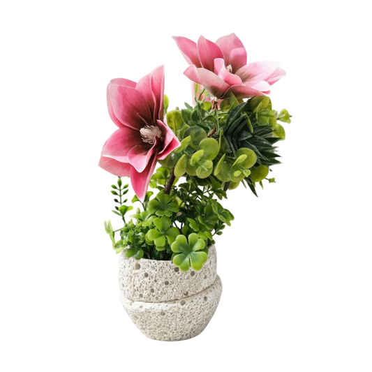 "Eternal Bloom" Luxe Magnolia & Succulent Sculpture: Housed in a Bespoke Textured Cocoon Cachepot