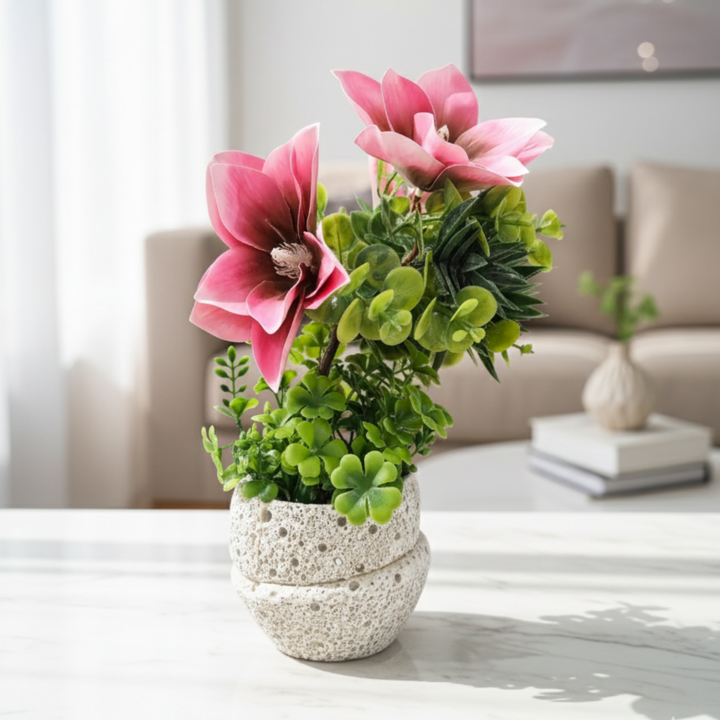 "Eternal Bloom" Luxe Magnolia & Succulent Sculpture: Housed in a Bespoke Textured Cocoon Cachepot