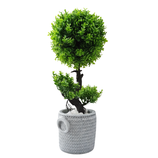"Zen Serenity" Faux Tiered Topiary: Artisan Knit-Texture Cachepot with Perpetual Verdancy