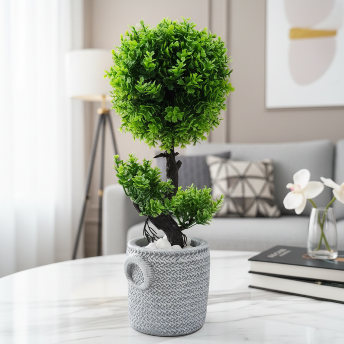 "Zen Serenity" Faux Tiered Topiary: Artisan Knit-Texture Cachepot with Perpetual Verdancy