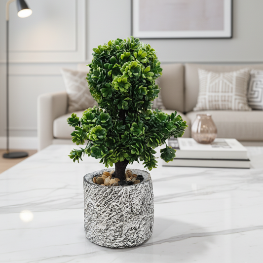 "Architectural Zen" Faux Tiered Topiary: Artisan Distressed Concrete Cachepot with Luxe River Stones