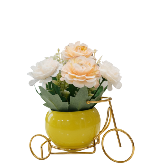 "Golden Journey" Luxe Floral Tricycle: Bespoke Perpetual Rose & Peony Arrangement in a Vibrant Enamel Vessel