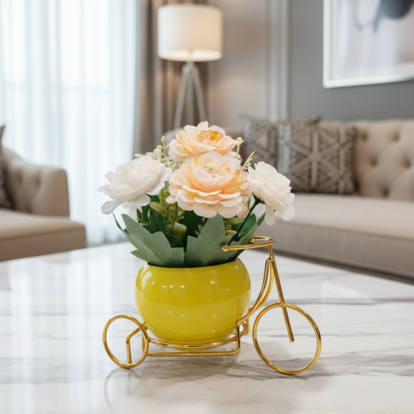 "Golden Journey" Luxe Floral Tricycle: Bespoke Perpetual Rose & Peony Arrangement in a Vibrant Enamel Vessel