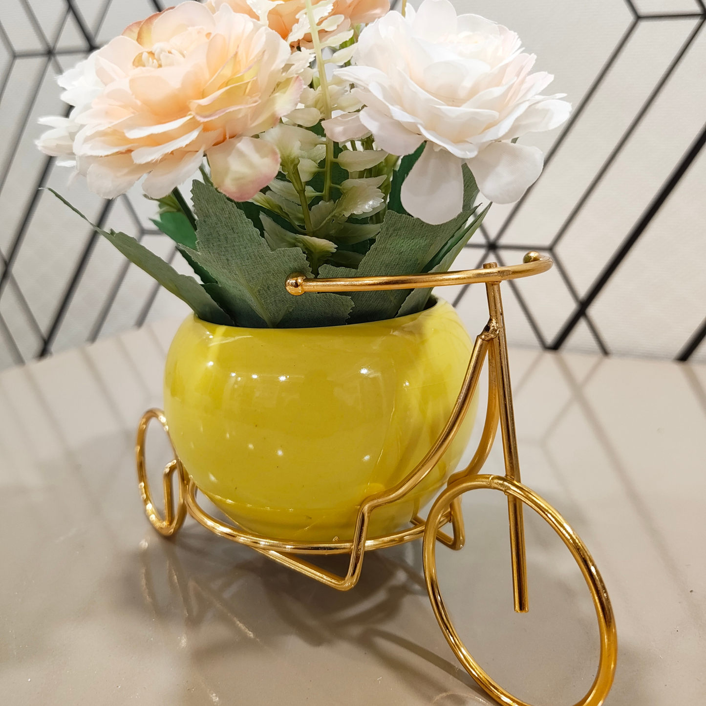 "Golden Journey" Luxe Floral Tricycle: Bespoke Perpetual Rose & Peony Arrangement in a Vibrant Enamel Vessel